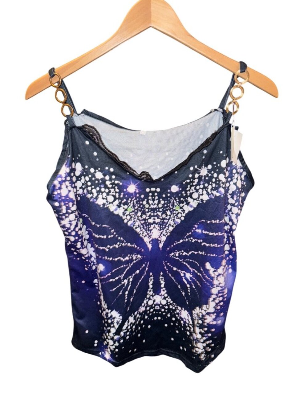 Butterfly Print Cami Top With Gold Ring Straps Size L Lace Detail Dark Blue & Wh